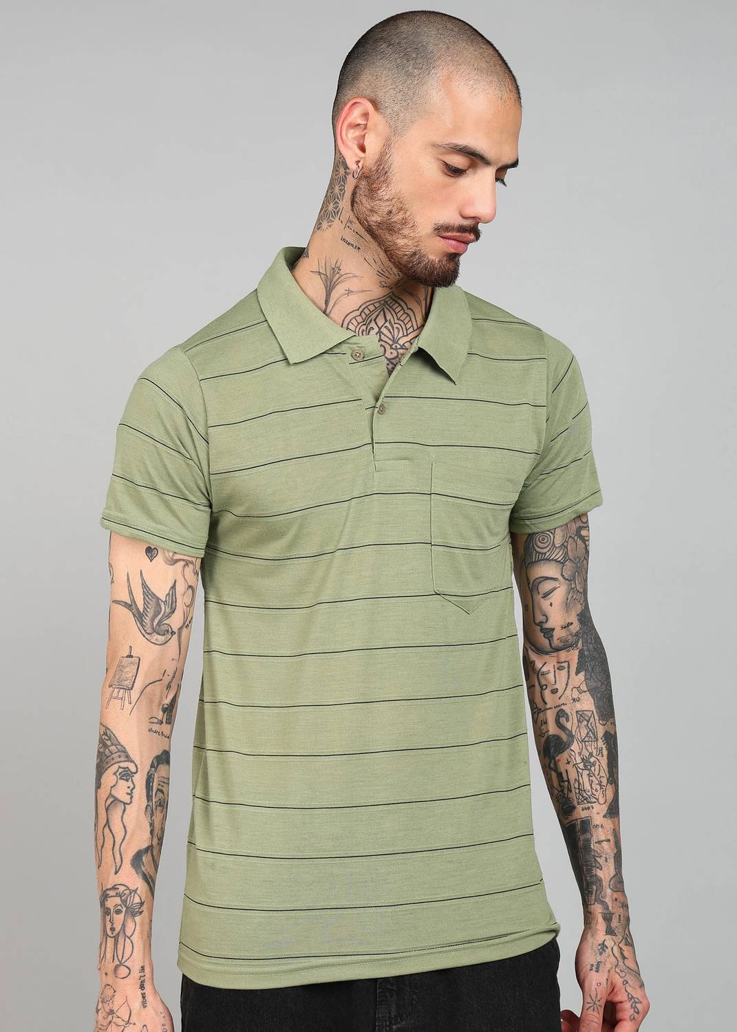 INKKR Men Striped Polo Neck Cotton Blend Multicolor T-Shirt