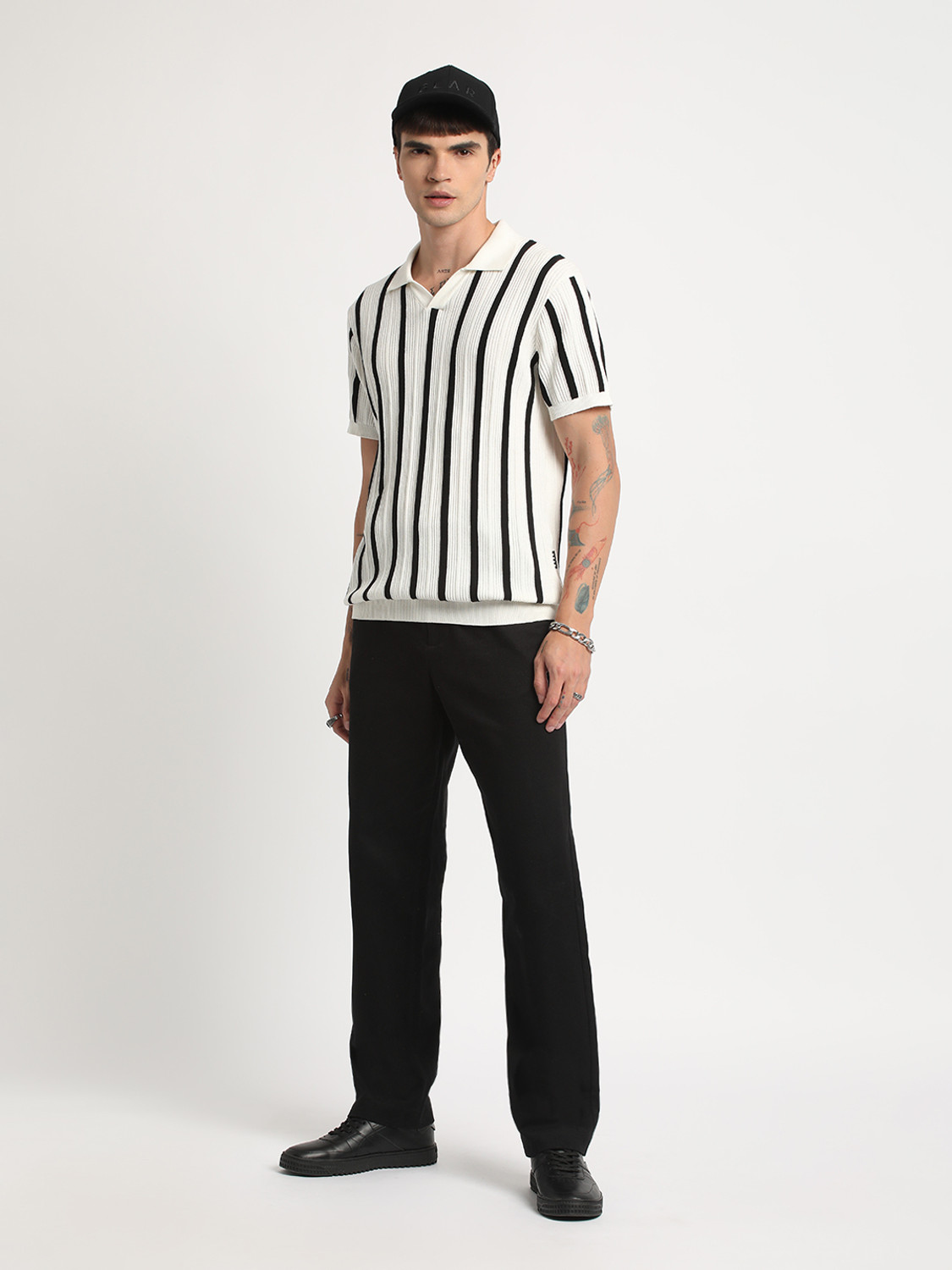 Image of THE BEAR HOUSE Striped Men Polo Neck White T-Shirt