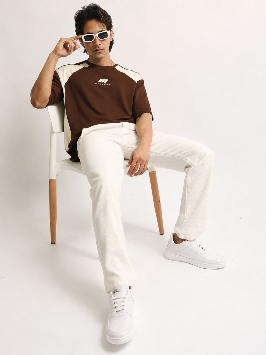 Image of MANIAC Colorblock Men Round Neck Brown T-Shirt