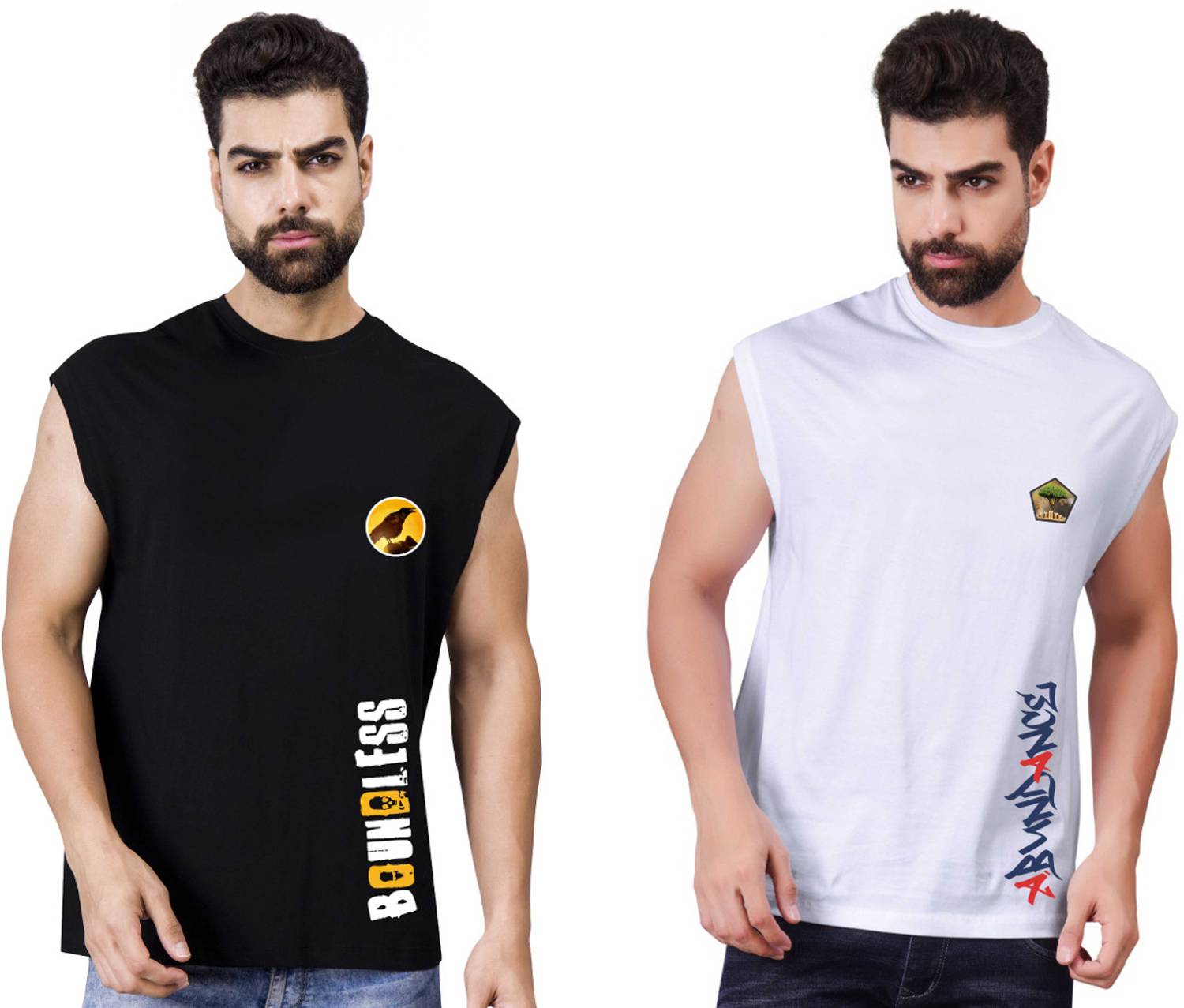 I&D Pack of 2 Men Graphic Print Round Neck Pure Cotton Multicolor