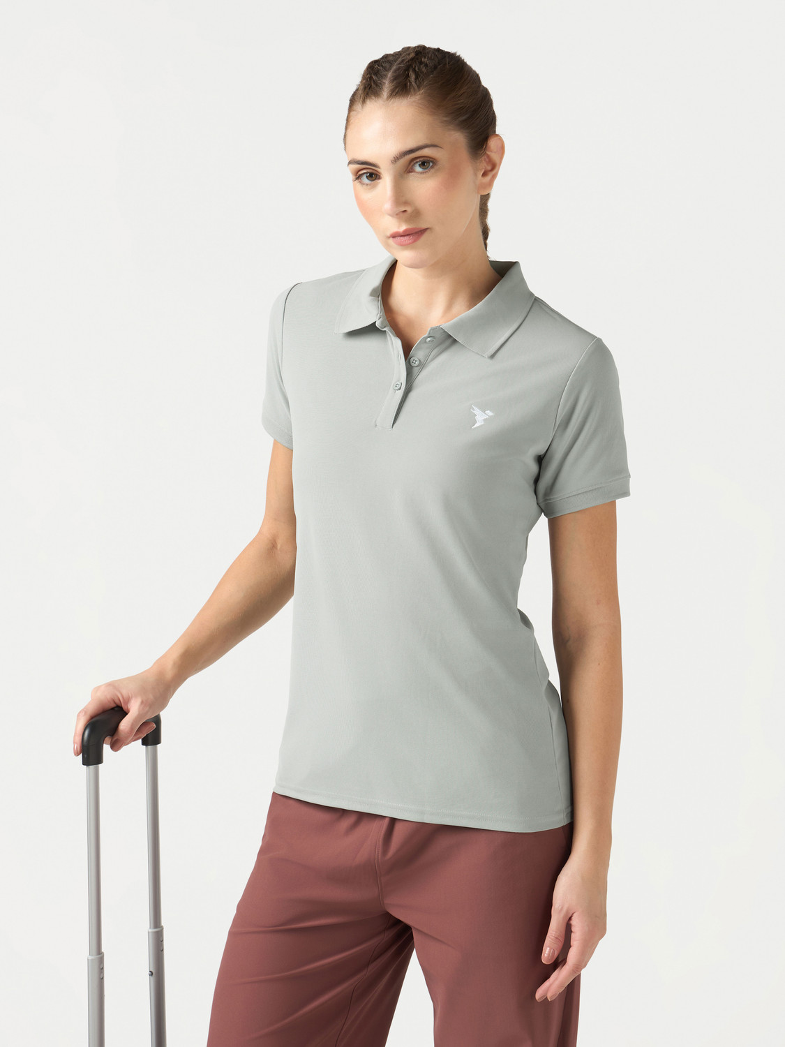 Image of TECHNOSPORT Solid Women Polo Neck Grey T-Shirt