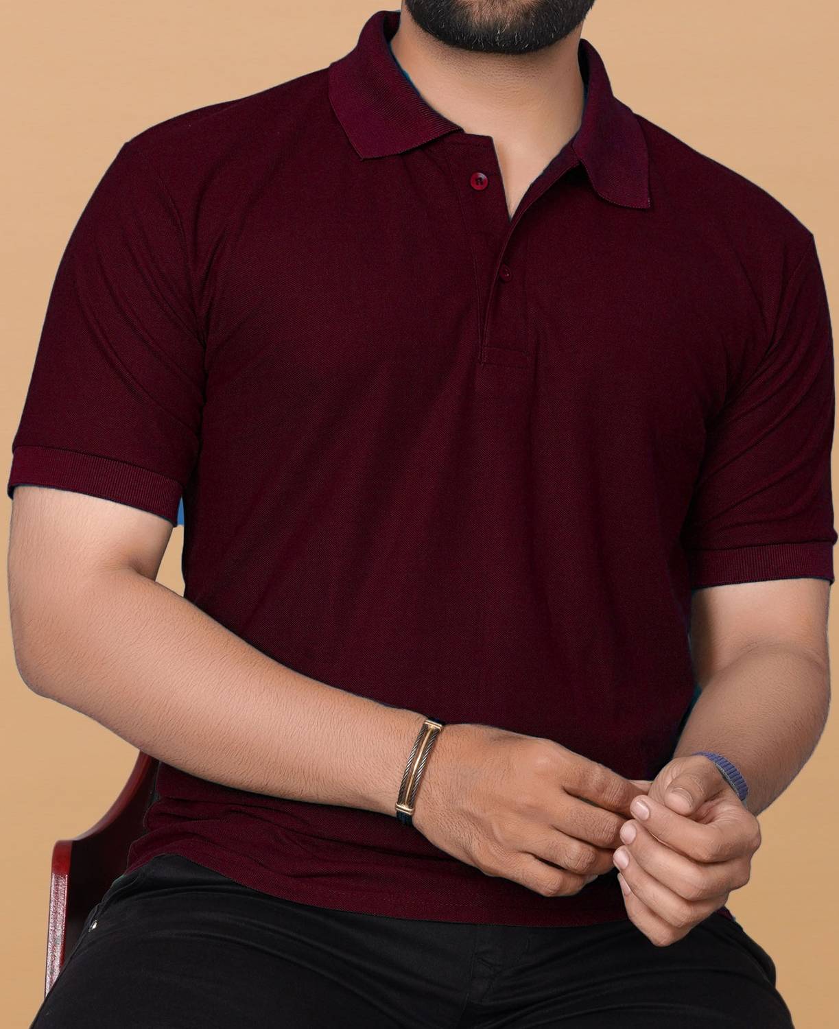 KAJARU Men Solid Polo Neck Polyester Maroon T-Shirt