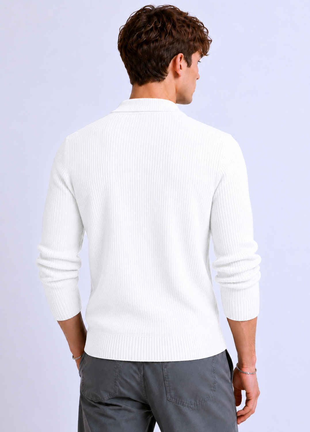 Image of Try This Striped, Self Design Men Zip Neck White, Silver, Beige T-Shirt