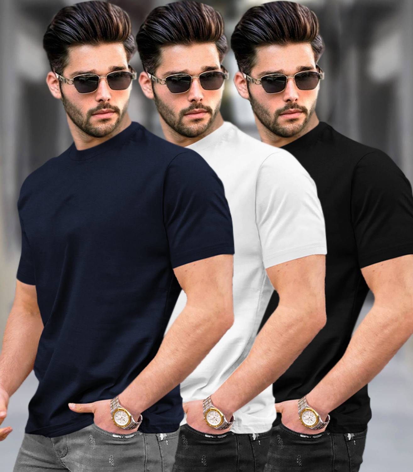Image of TRIPR Solid Men Round Neck Multicolor T-Shirt