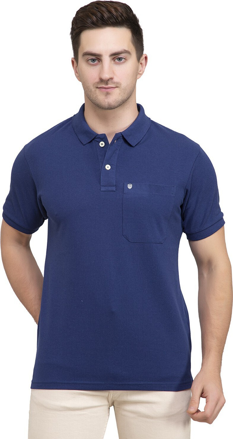 Image of PRORIDERS Solid Men Polo Neck Dark Blue T-Shirt