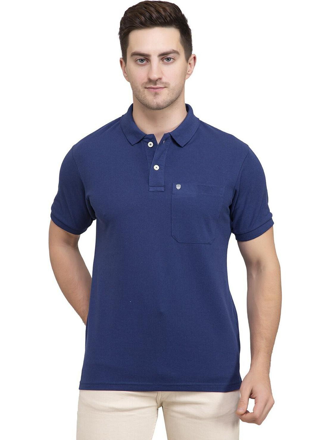 Image of PRORIDERS Solid Men Polo Neck Dark Blue T-Shirt