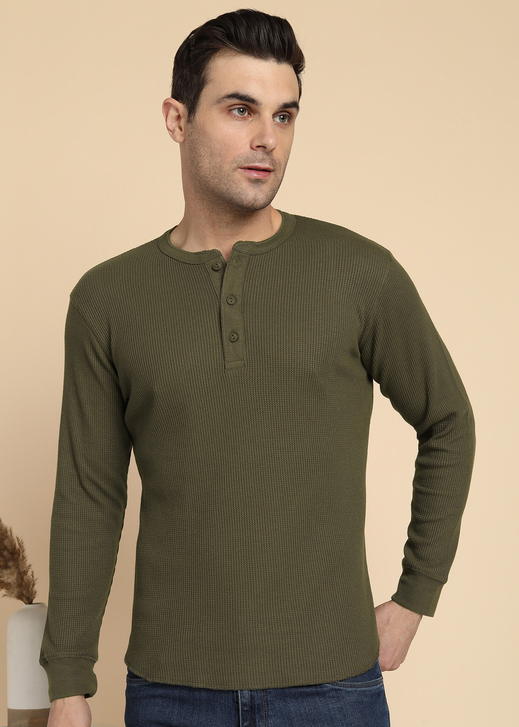 Image of Alan Jones Solid Men Henley Neck Dark Green T-Shirt