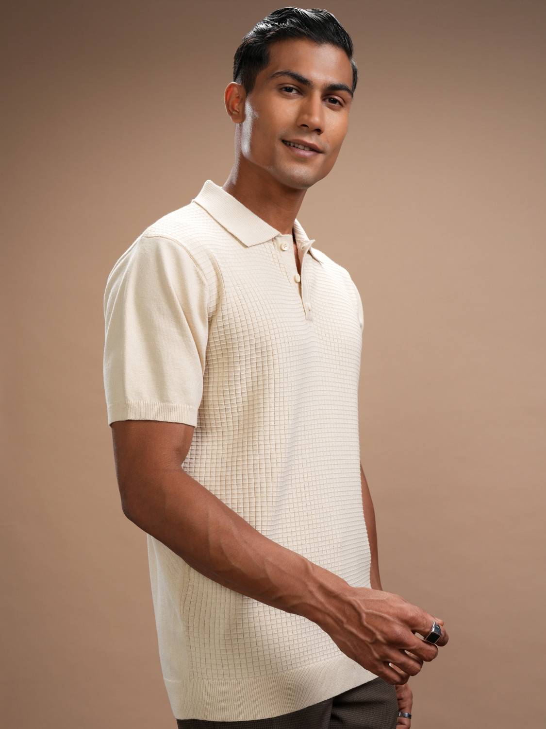 Image of HIGHLANDER Self Design Men Polo Neck Beige T-Shirt
