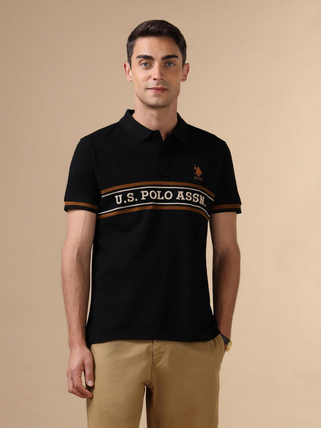 Image of U.S. POLO ASSN. Graphic Print Men Polo Neck Black T-Shirt
