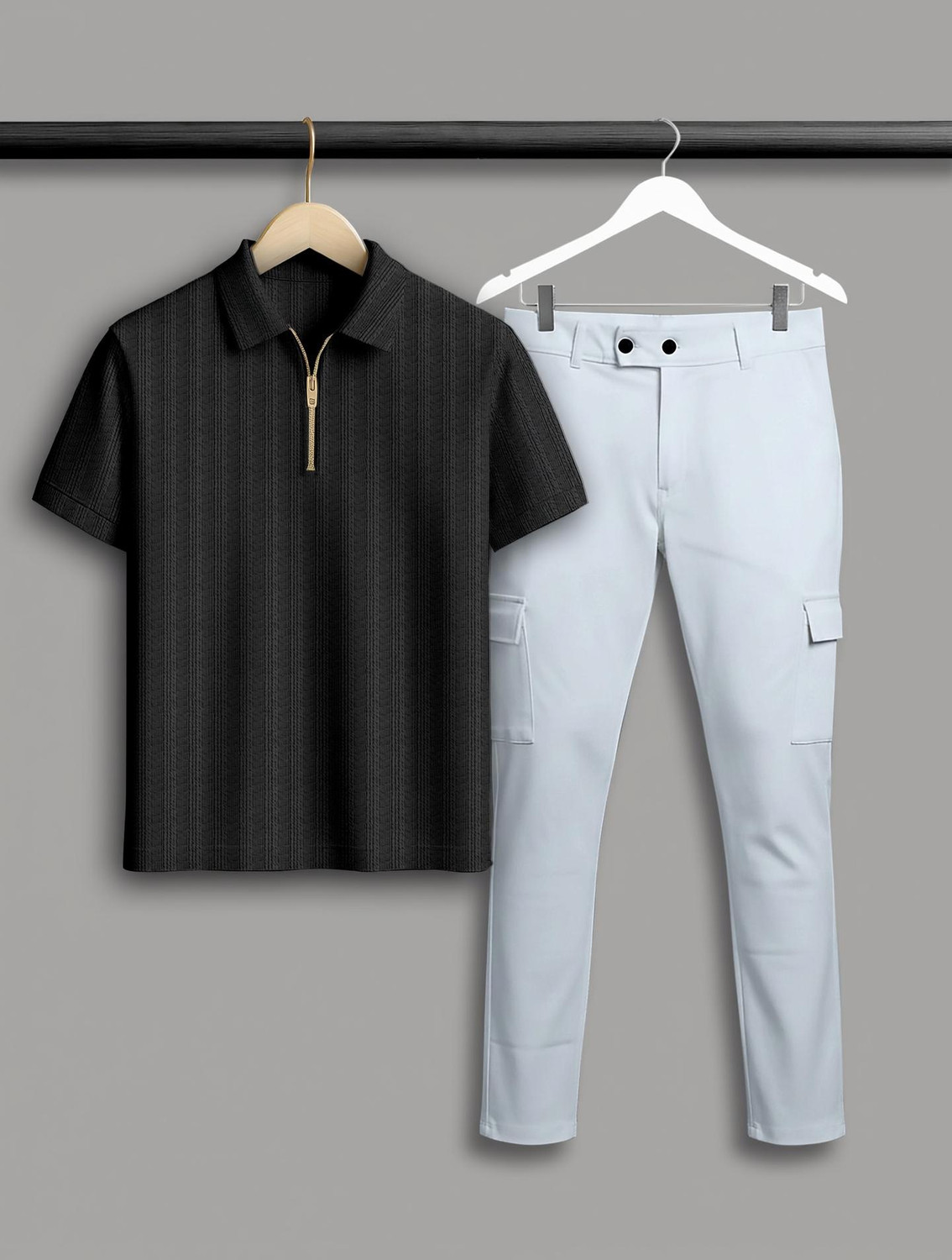 Image of COMBRAIDED Self Design Men Polo Neck Black, Grey T-Shirt