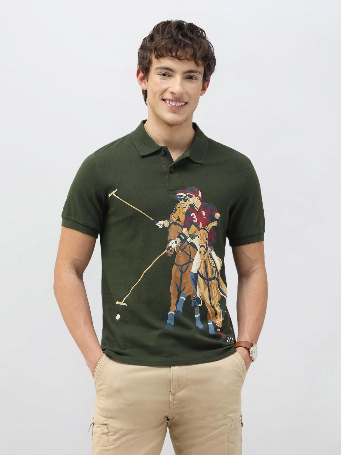 Image of U.S. Polo Assn. Denim Co. Men Graphic Print Polo Neck Pure Cotton Green T-Shirt