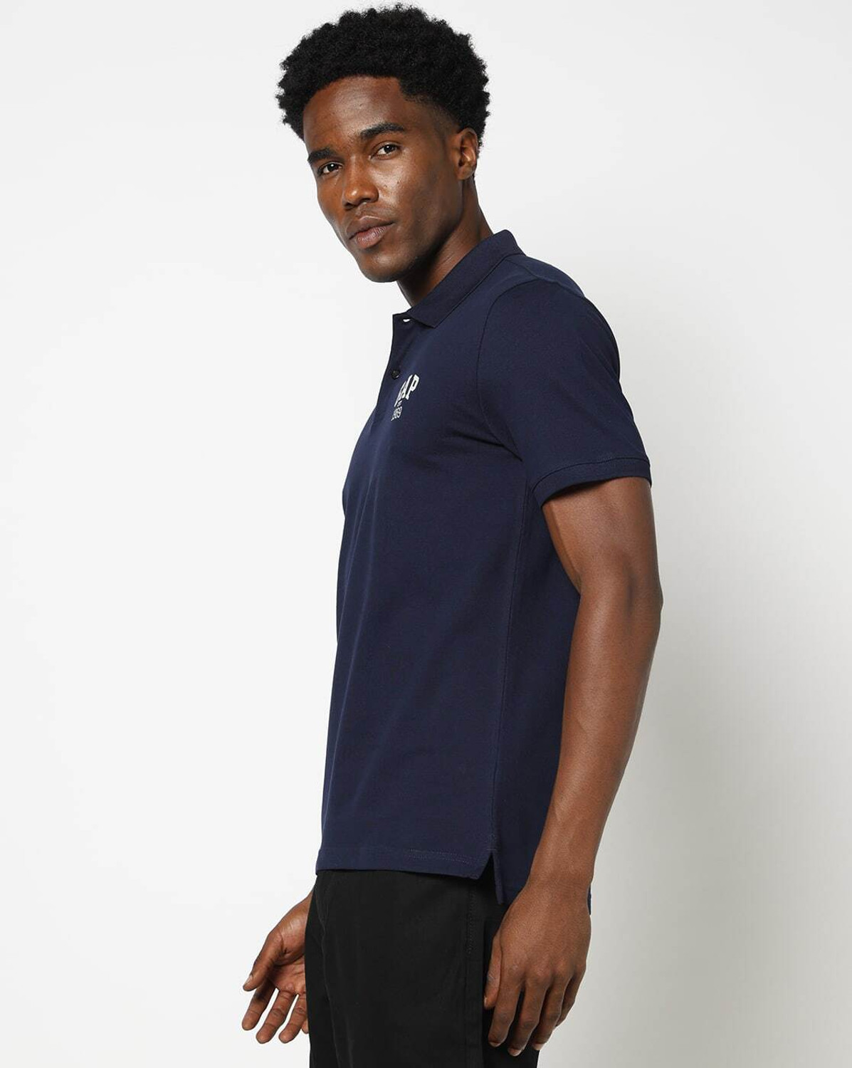 Image of GAP Men Printed Polo Neck Pure Cotton Navy Blue T-Shirt