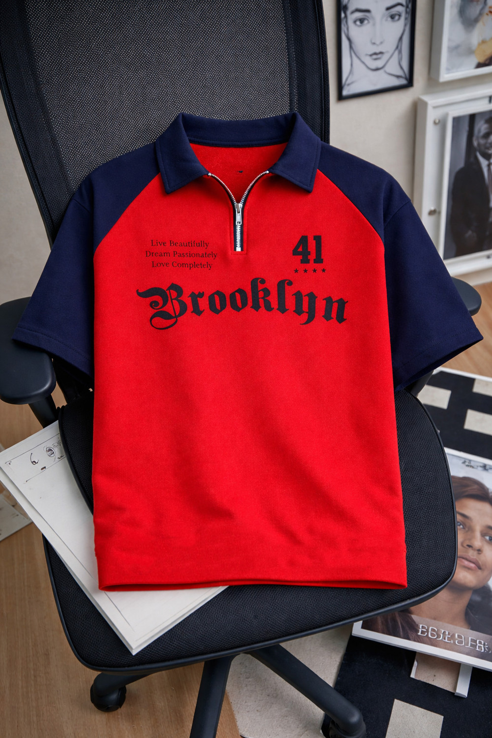 Image of Conway Typography Men Zip Neck Red, Blue T-Shirt