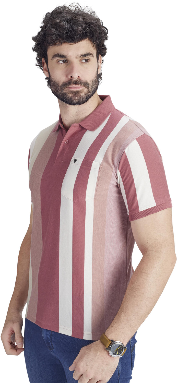 Image of PRORIDERS Striped Men Polo Neck Pink T-Shirt