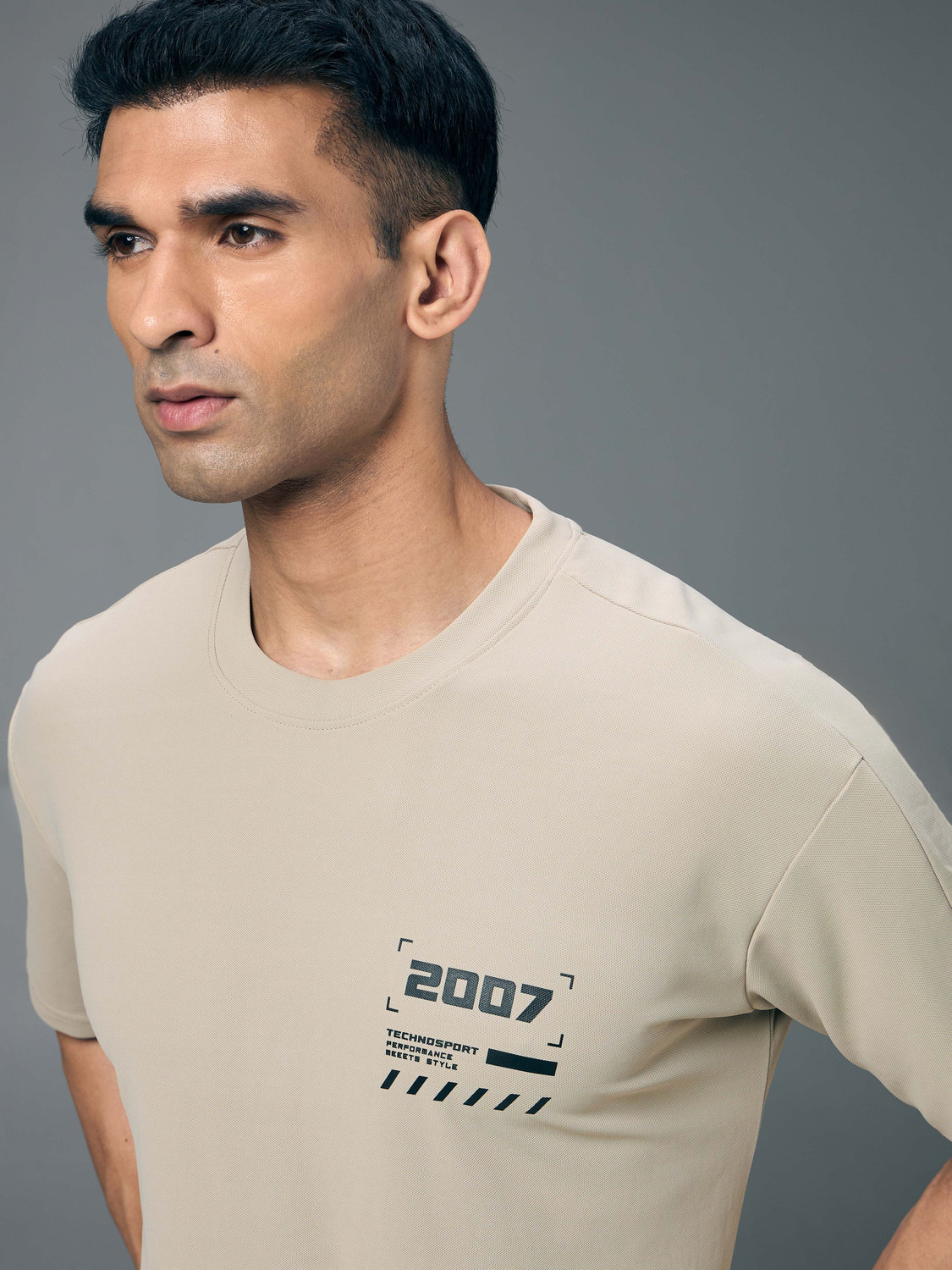 Image of TECHNOSPORT Sporty Men Round Neck Beige T-Shirt