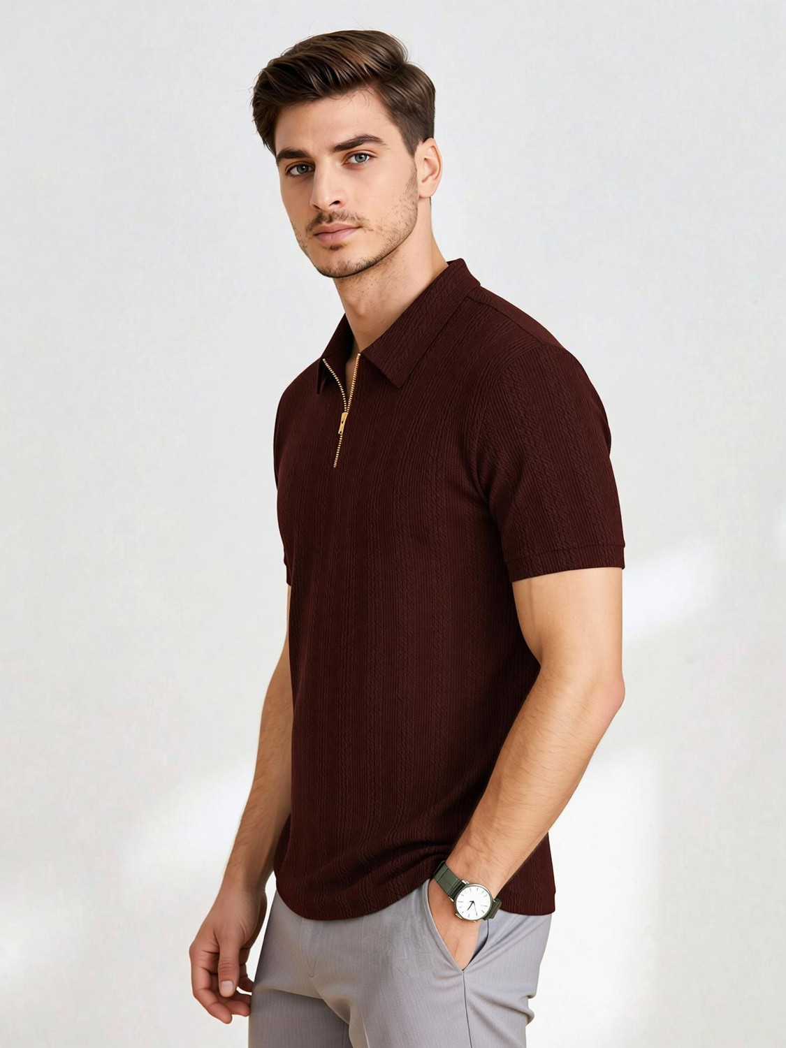 Image of KAJARU Self Design Men Zip Neck Brown T-Shirt