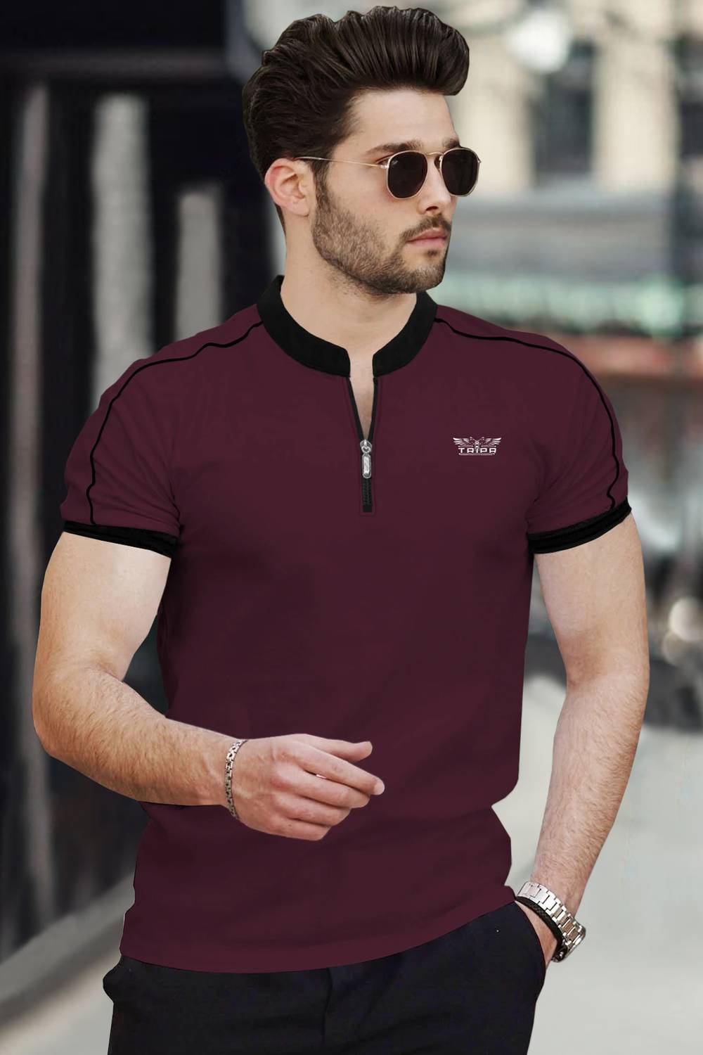 TRIPR Men Typography Mandarin Collar Cotton Blend Maroon, Black T
