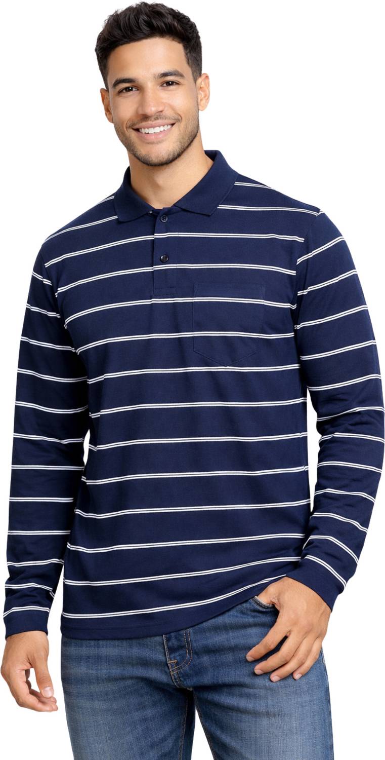 SANE ORIGINALS Men Striped Polo Neck Cotton Blend Dark Blue T-Shi