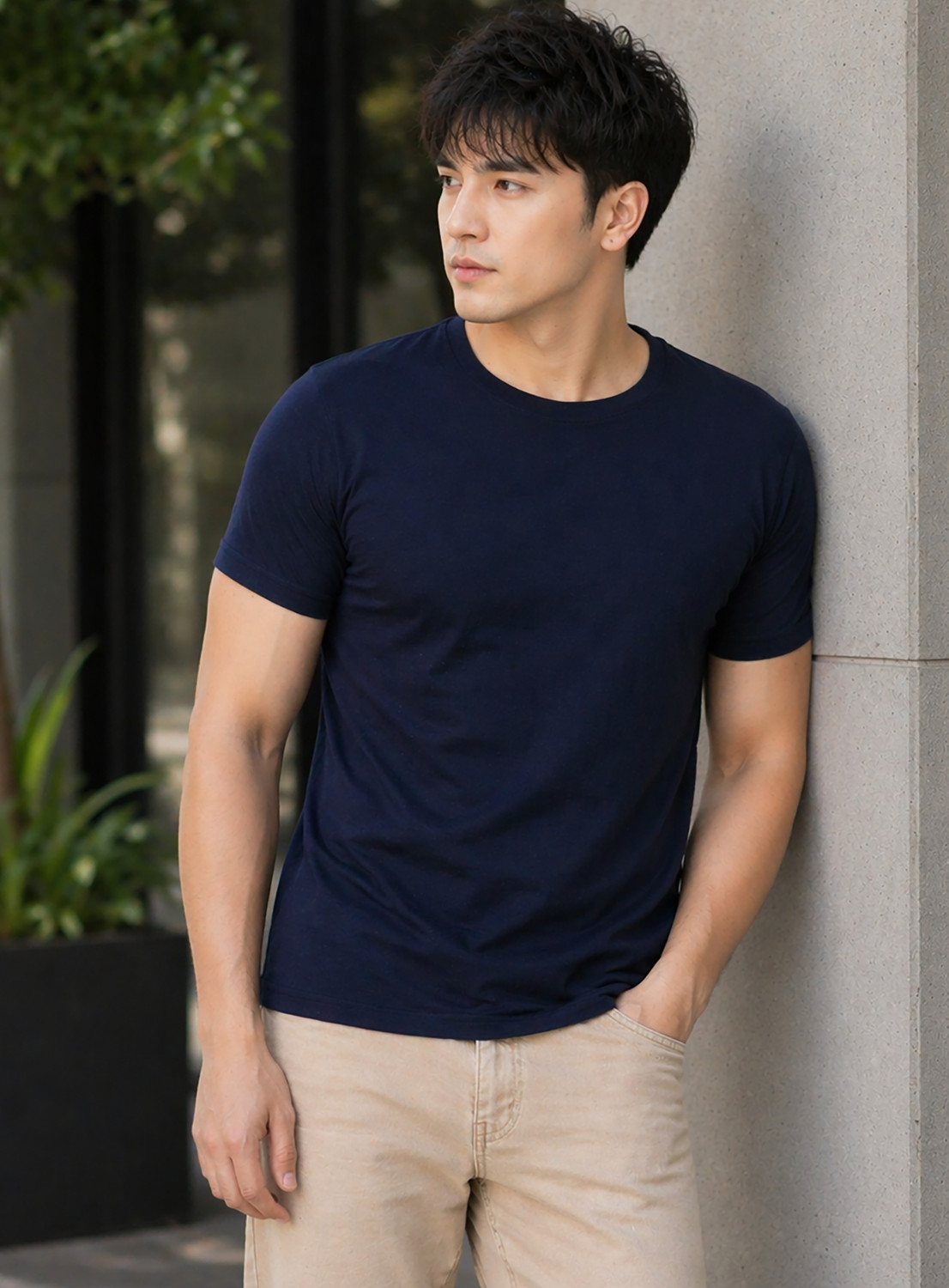 Image of Creation By London Hills Solid Men Round Neck Navy Blue T-Shirt