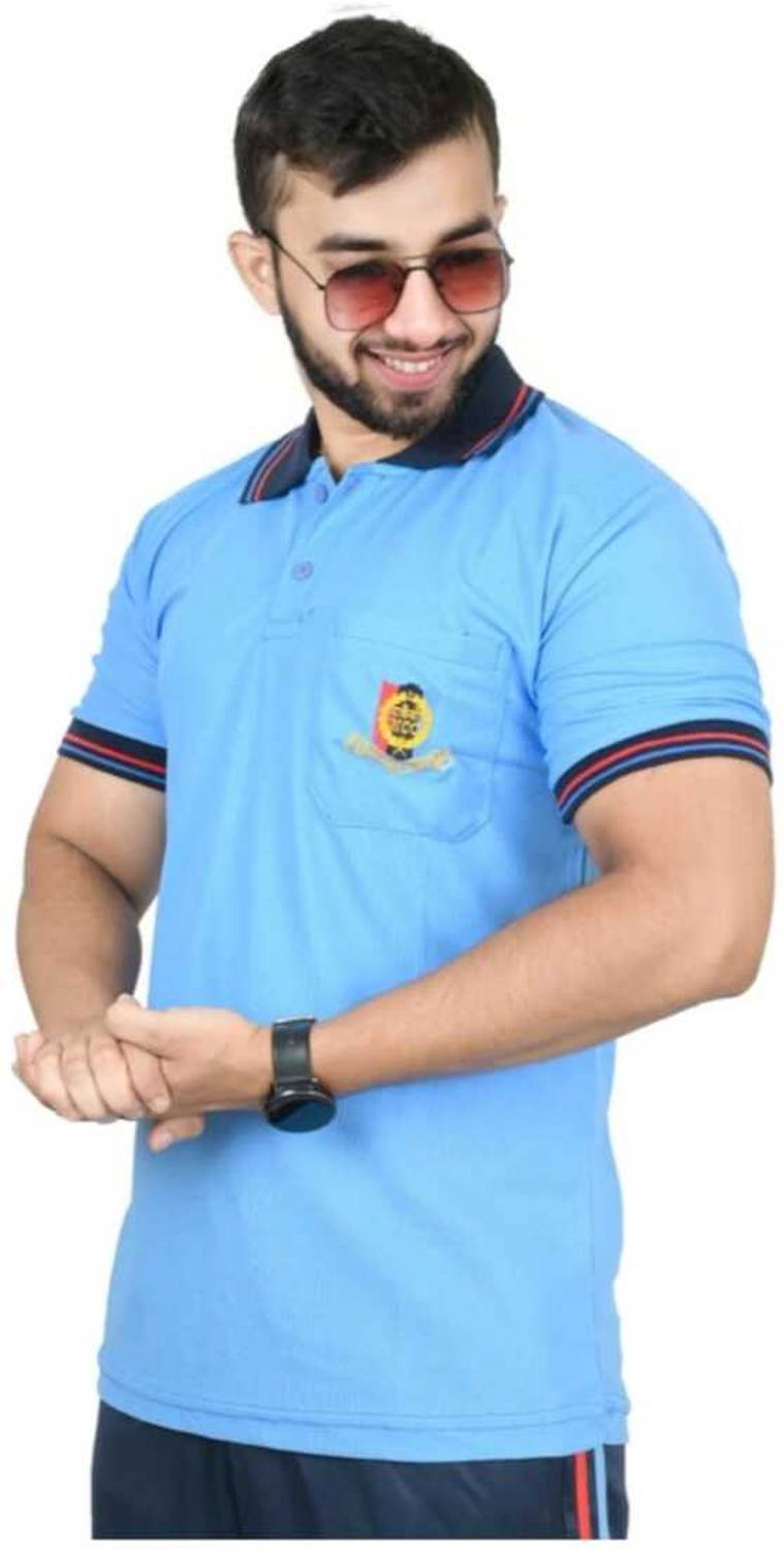 CAMOTAGE Solid, Embroidered, Printed, Striped Men Polo Neck Navy Blue T-Shirt