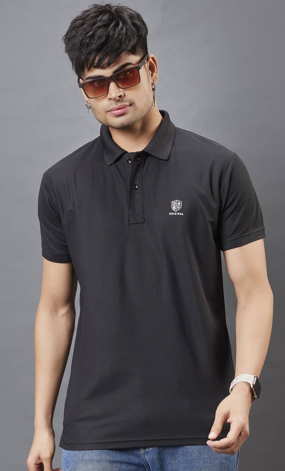 3BROS Solid Men Polo Neck Black T-Shirt