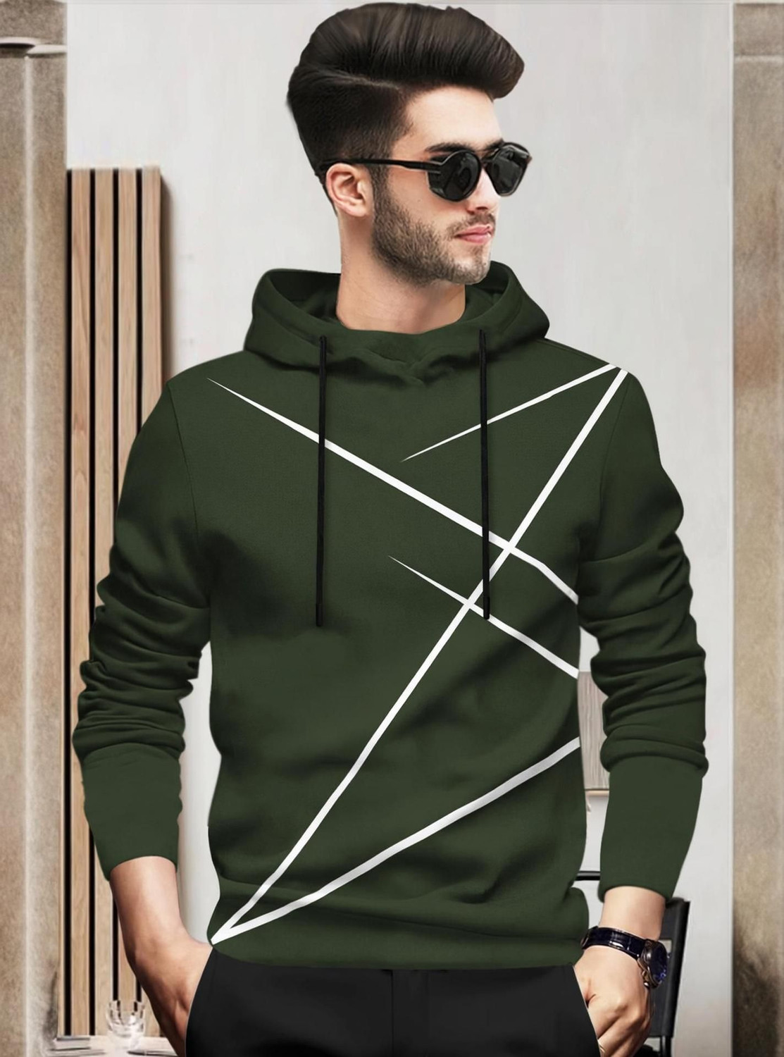 Image of BLIVE Printed Men Hooded Neck Dark Green T-Shirt