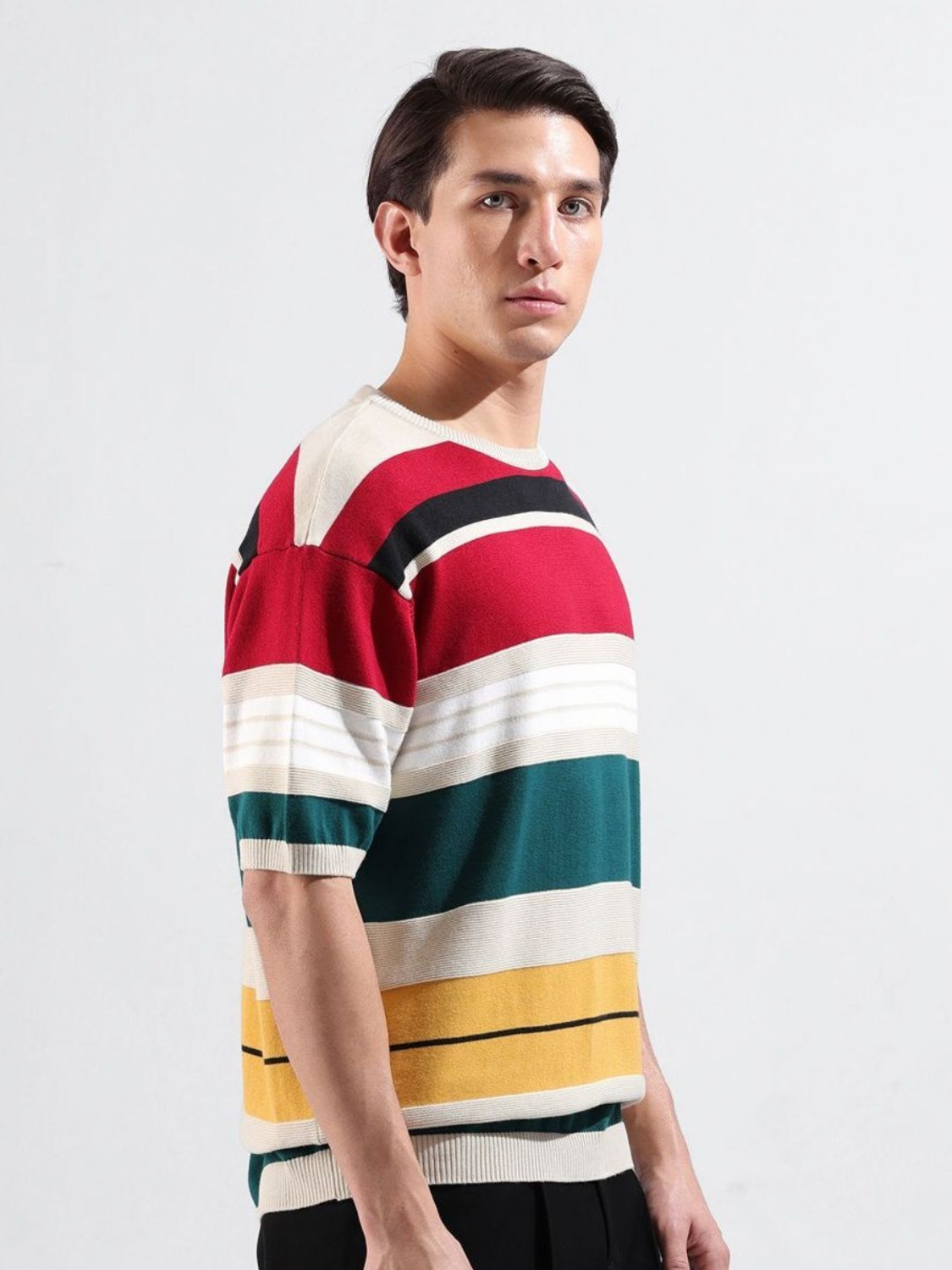 Image of The Indian Garage Co. Striped Men Crew Neck Multicolor T-Shirt