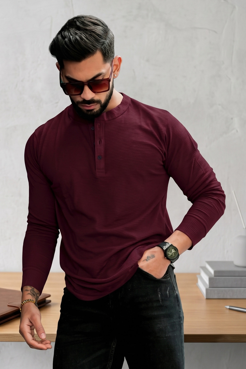 Image of Rufica Self Design Men Mandarin Collar Multicolor T-Shirt