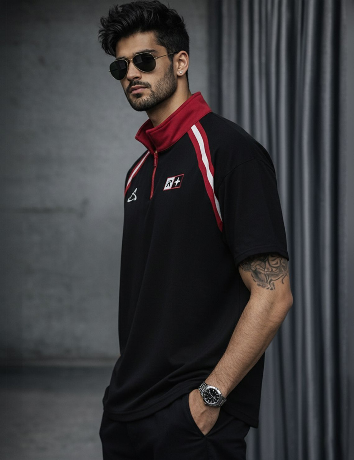Image of Force Printed Men Zip Neck Black T-Shirt