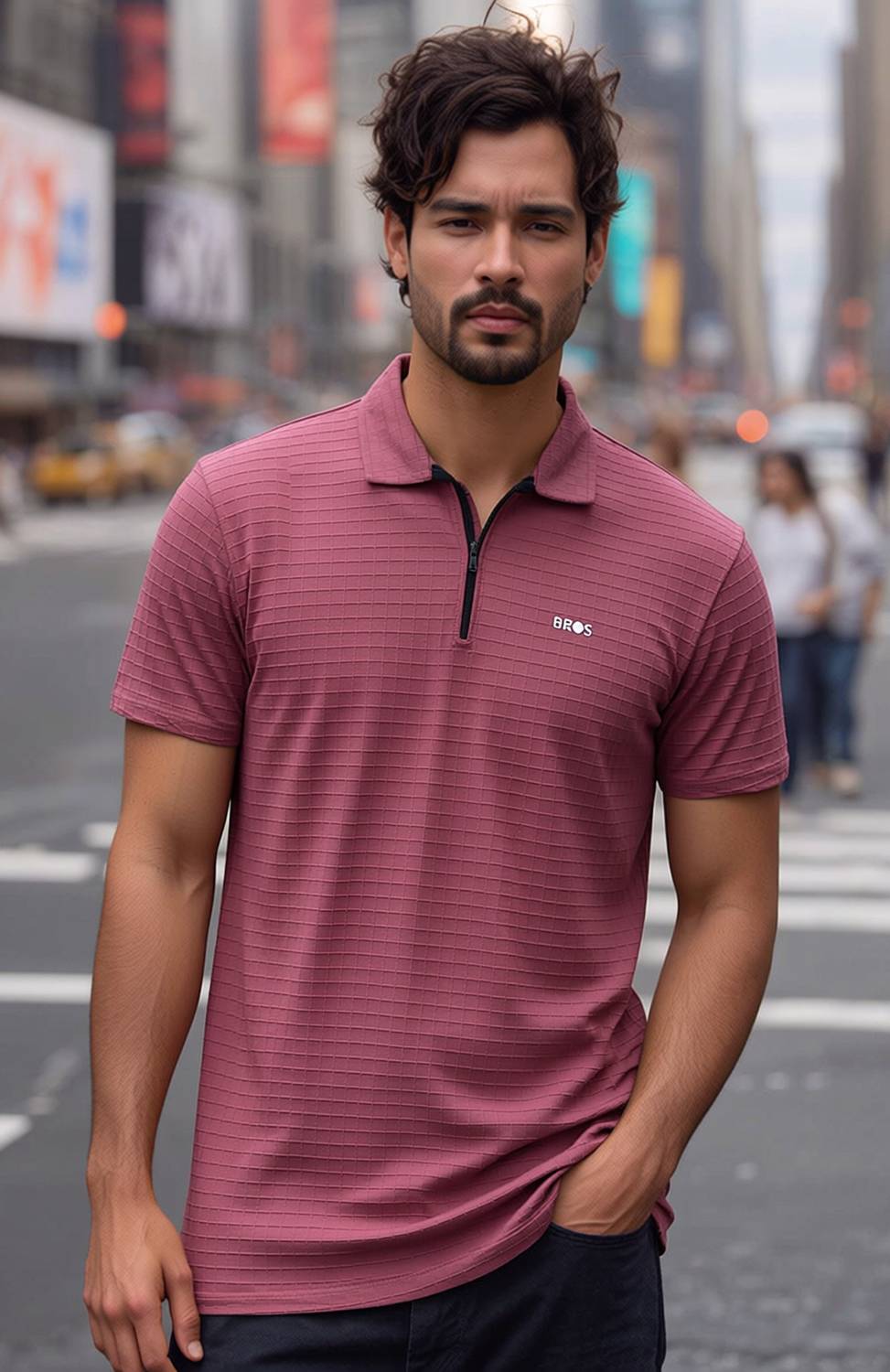 3BROS Men Self Design Polo Neck Polycotton Purple T-Shirt