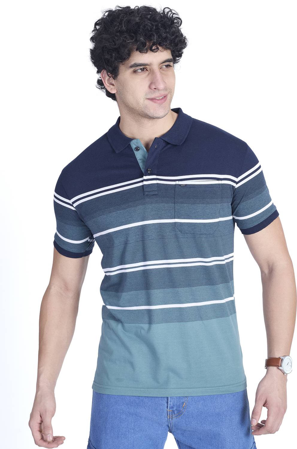 PRORIDERS Men Striped Polo Neck Cotton Blend Green T-Shirt