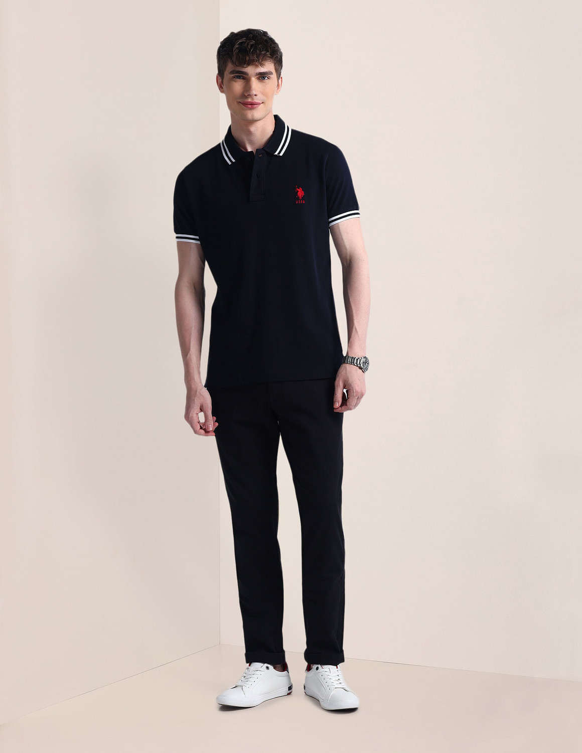 Image of U.S. POLO ASSN. Solid Men Polo Neck Blue T-Shirt