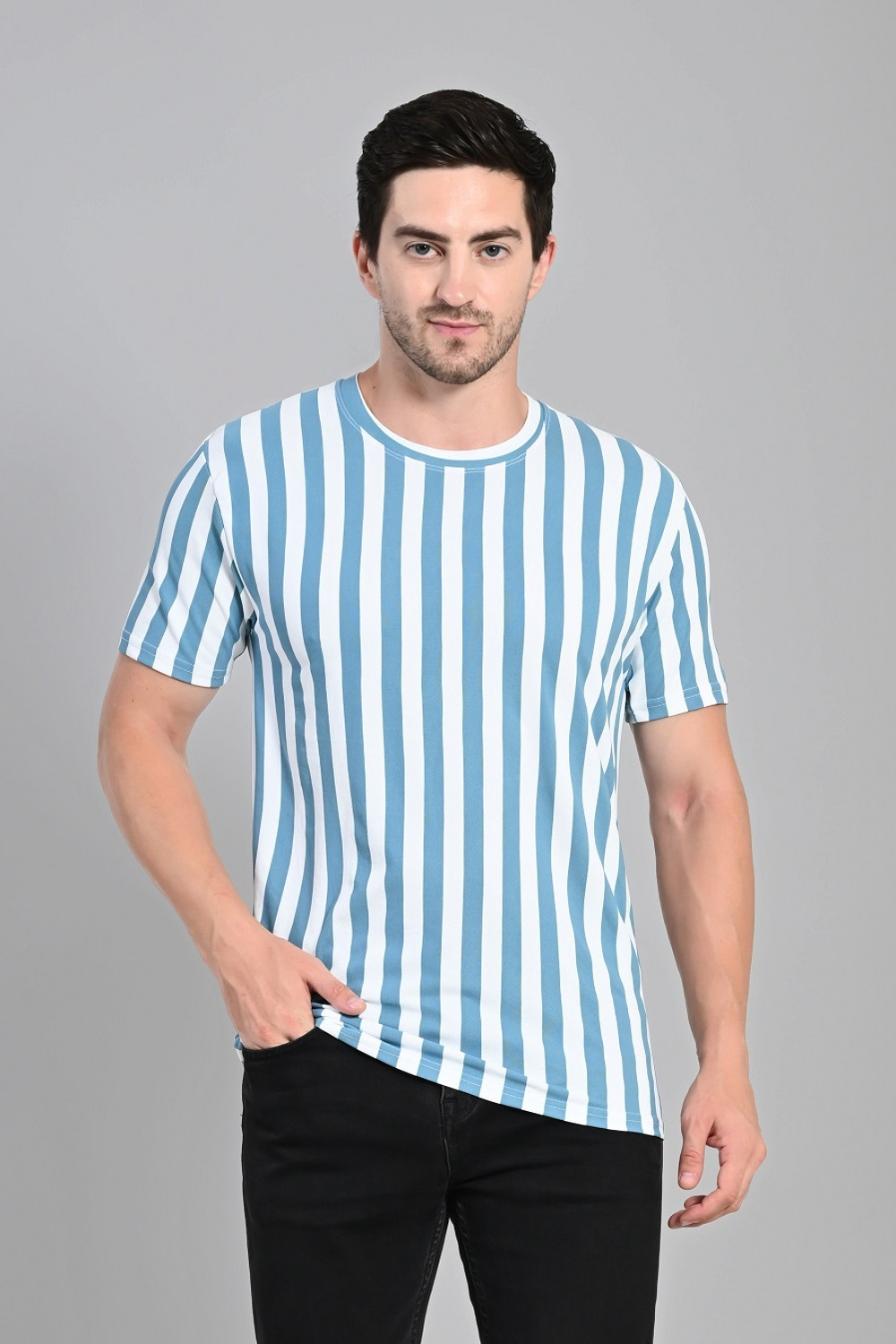 Image of Dam Striped Men Round Neck Multicolor T-Shirt