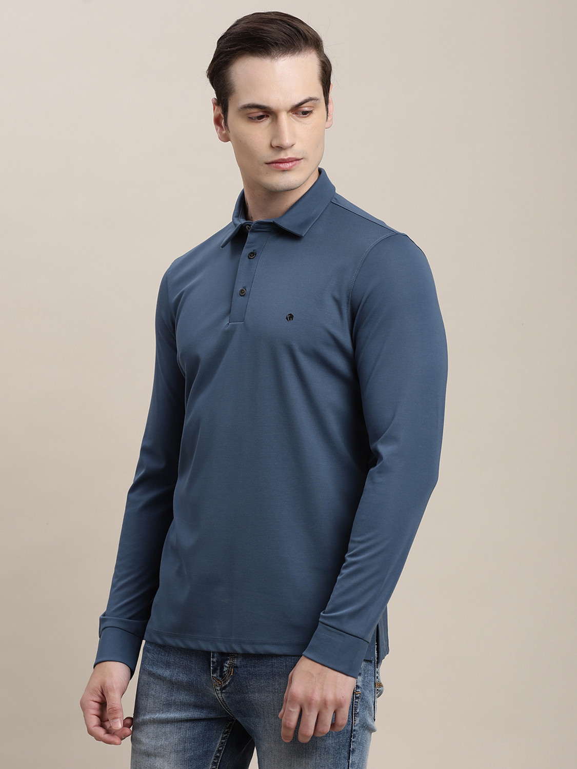Image of TURTLE Solid Men Polo Neck Blue T-Shirt