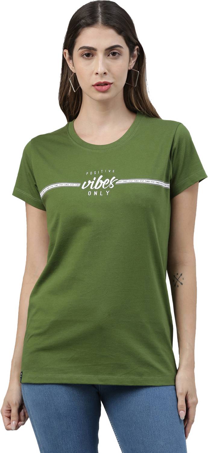 3Pin Printed Women Round Neck Green T-Shirt