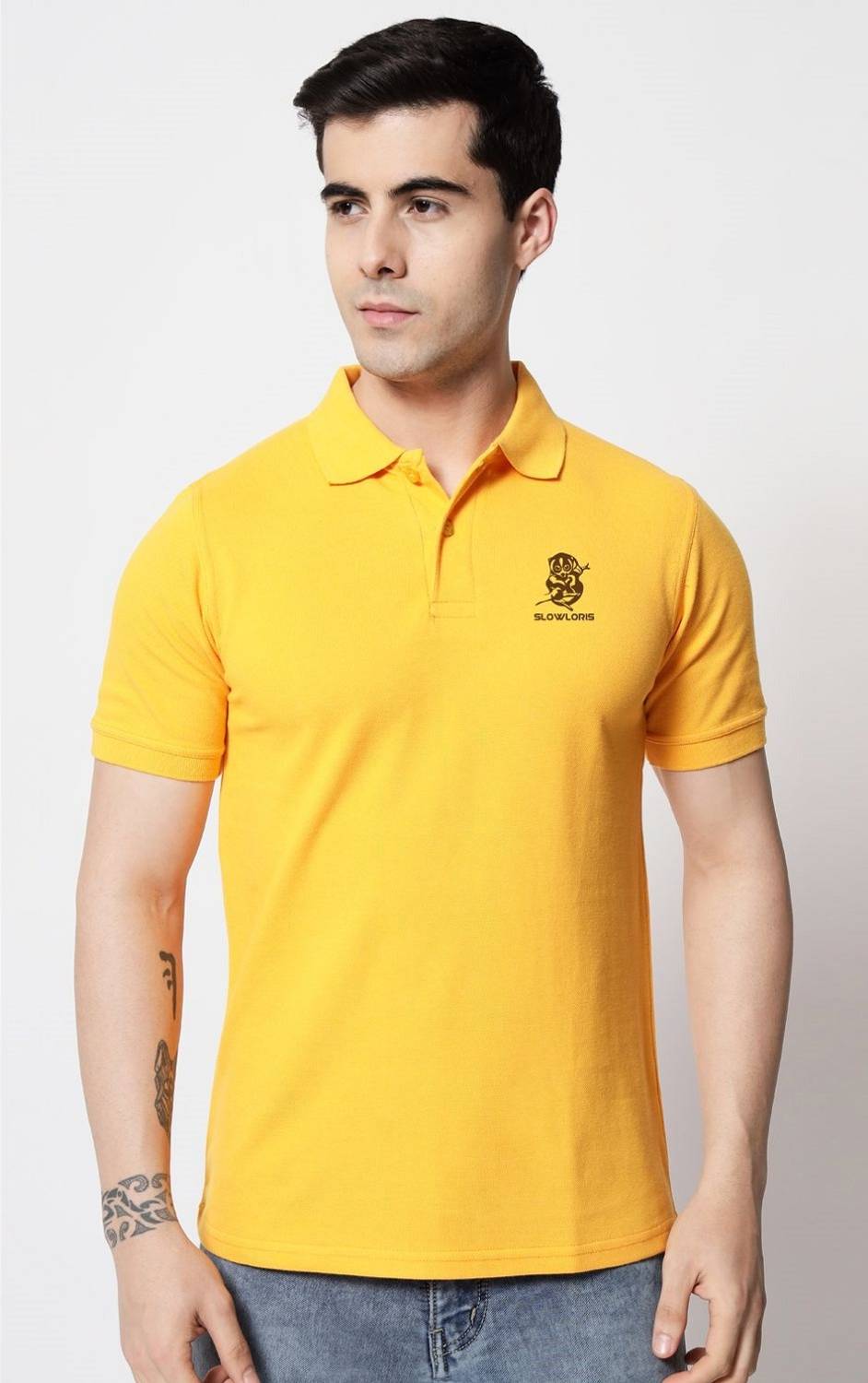 SlowLoris Men Solid Polo Neck Cotton Blend Yellow, Gold T-Shirt