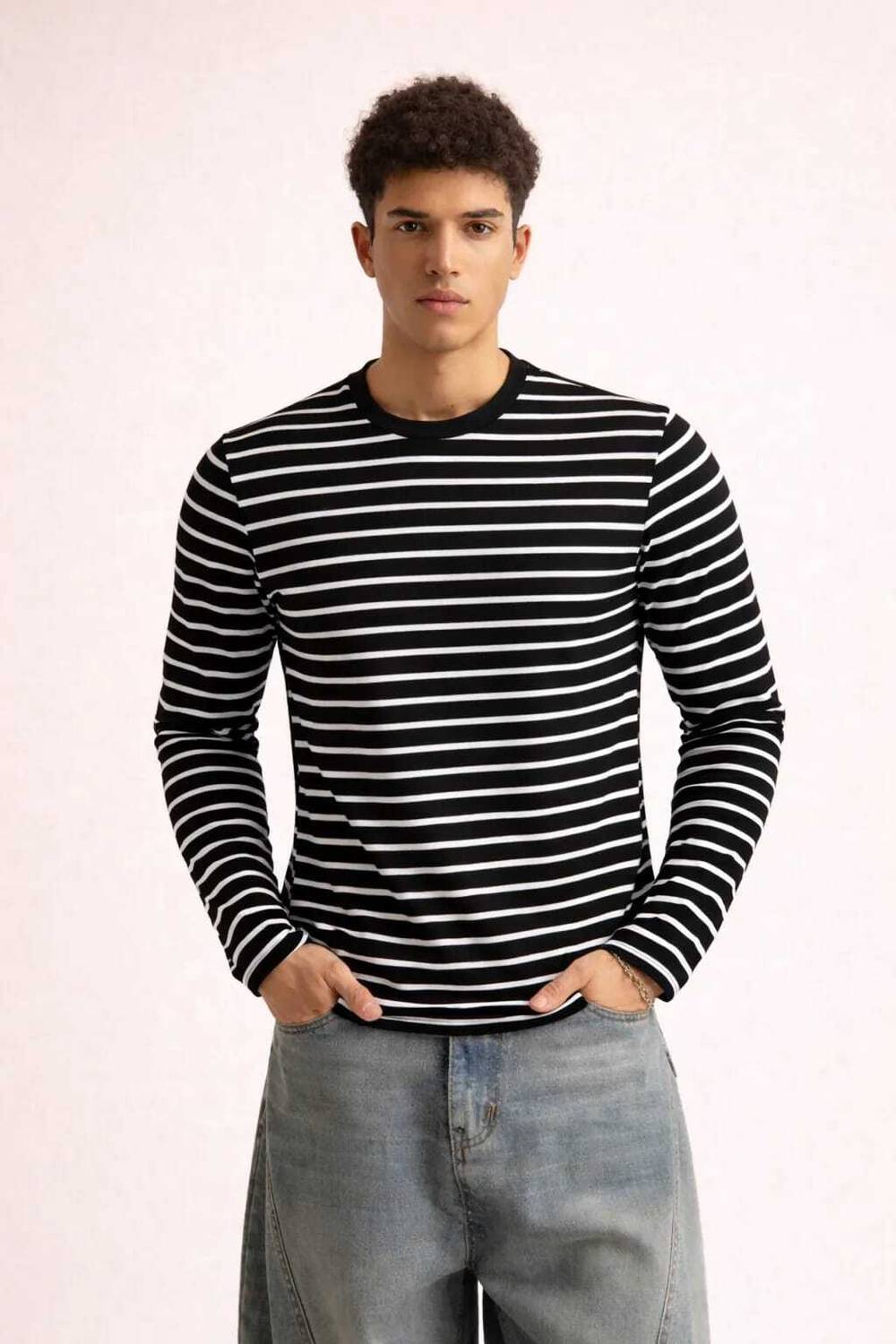 HouseOfCommon Men Black, White Striped T-Shirt - Image 1