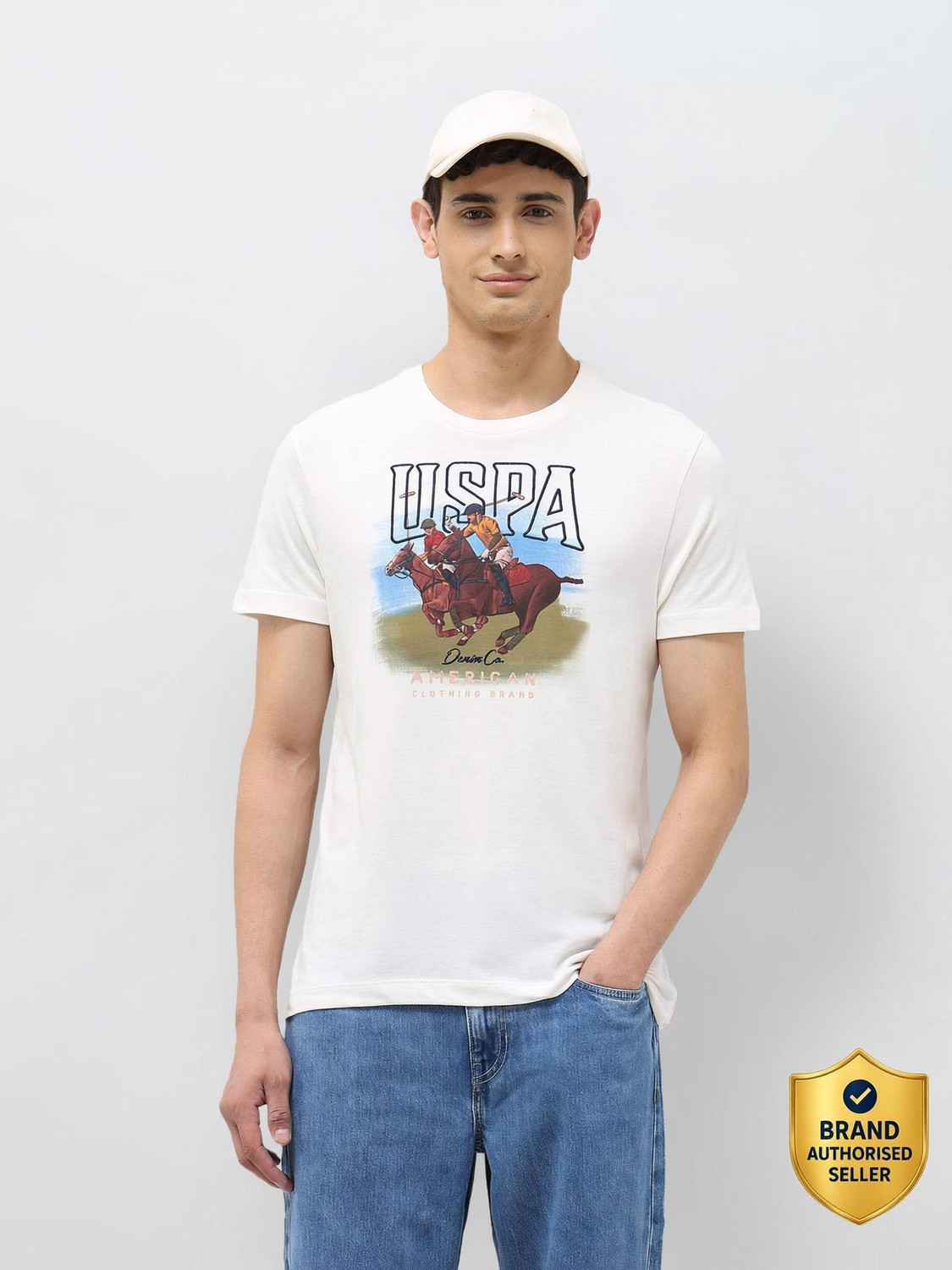 Image of U.S. Polo Assn. Denim Co. Graphic Print Men Round Neck White T-Shirt
