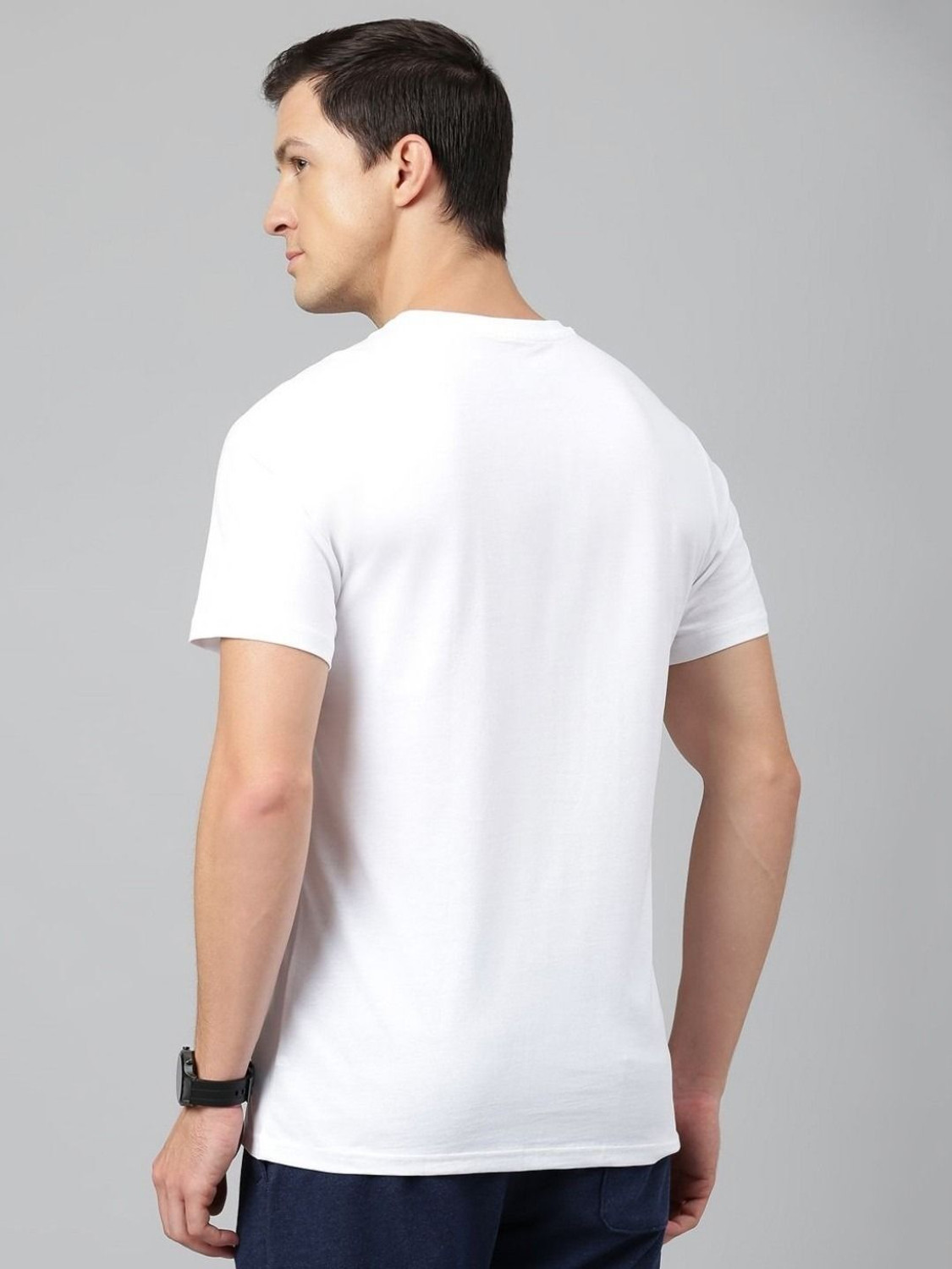 Image of DAISY Solid Men Round Neck White, Black T-Shirt