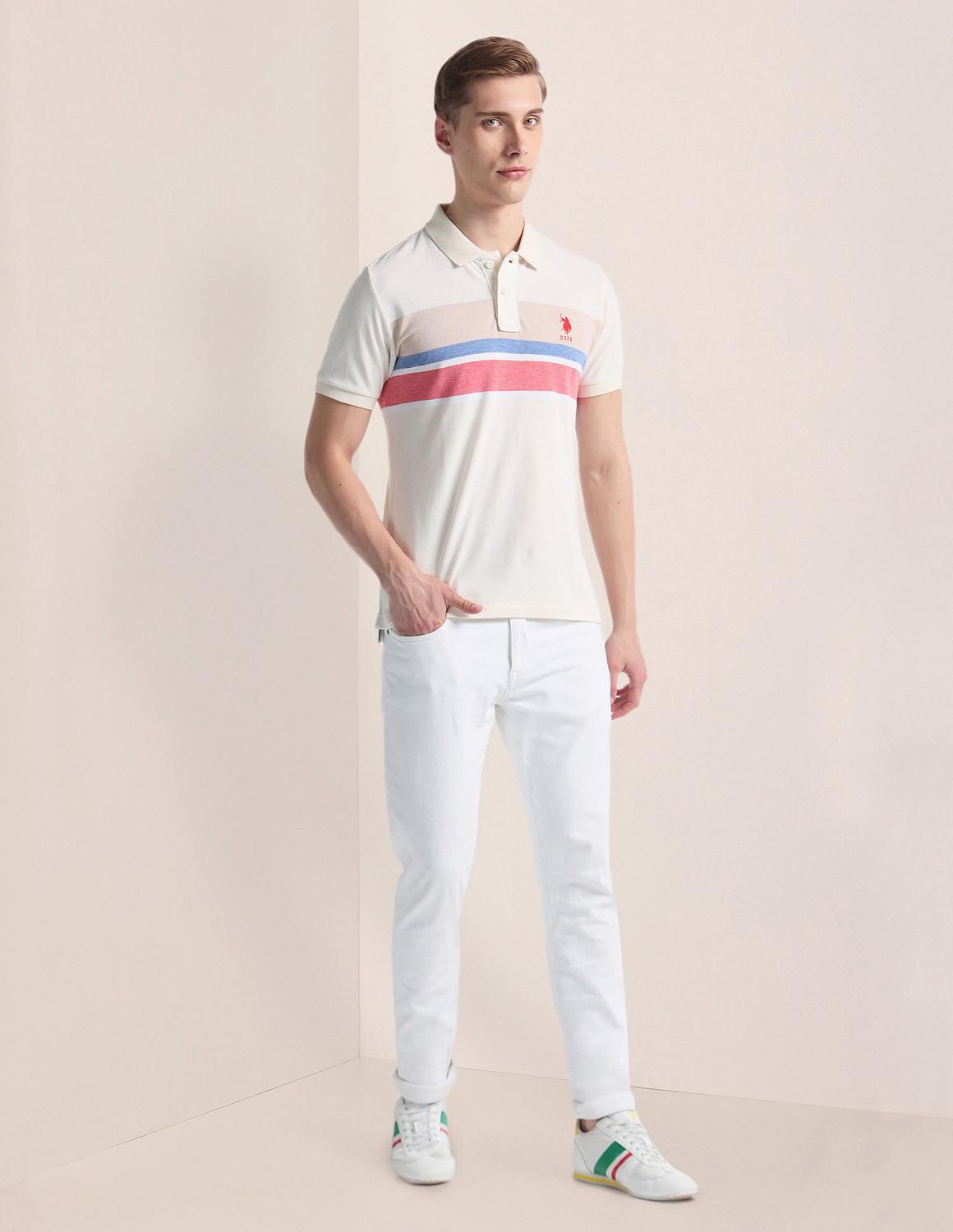 Image of U.S. POLO ASSN. Colorblock Men Polo Neck Beige T-Shirt