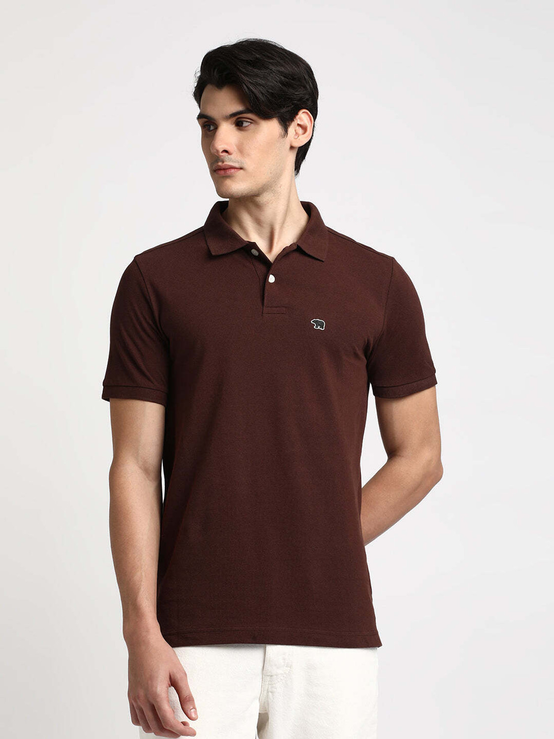 Image of THE BEAR HOUSE Solid Men Polo Neck Brown T-Shirt