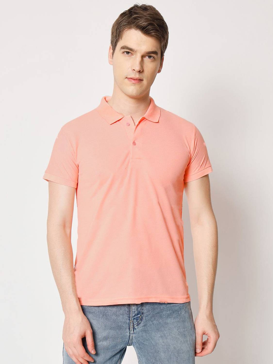9LKHA Solid Men Polo Neck Pink T-Shirt