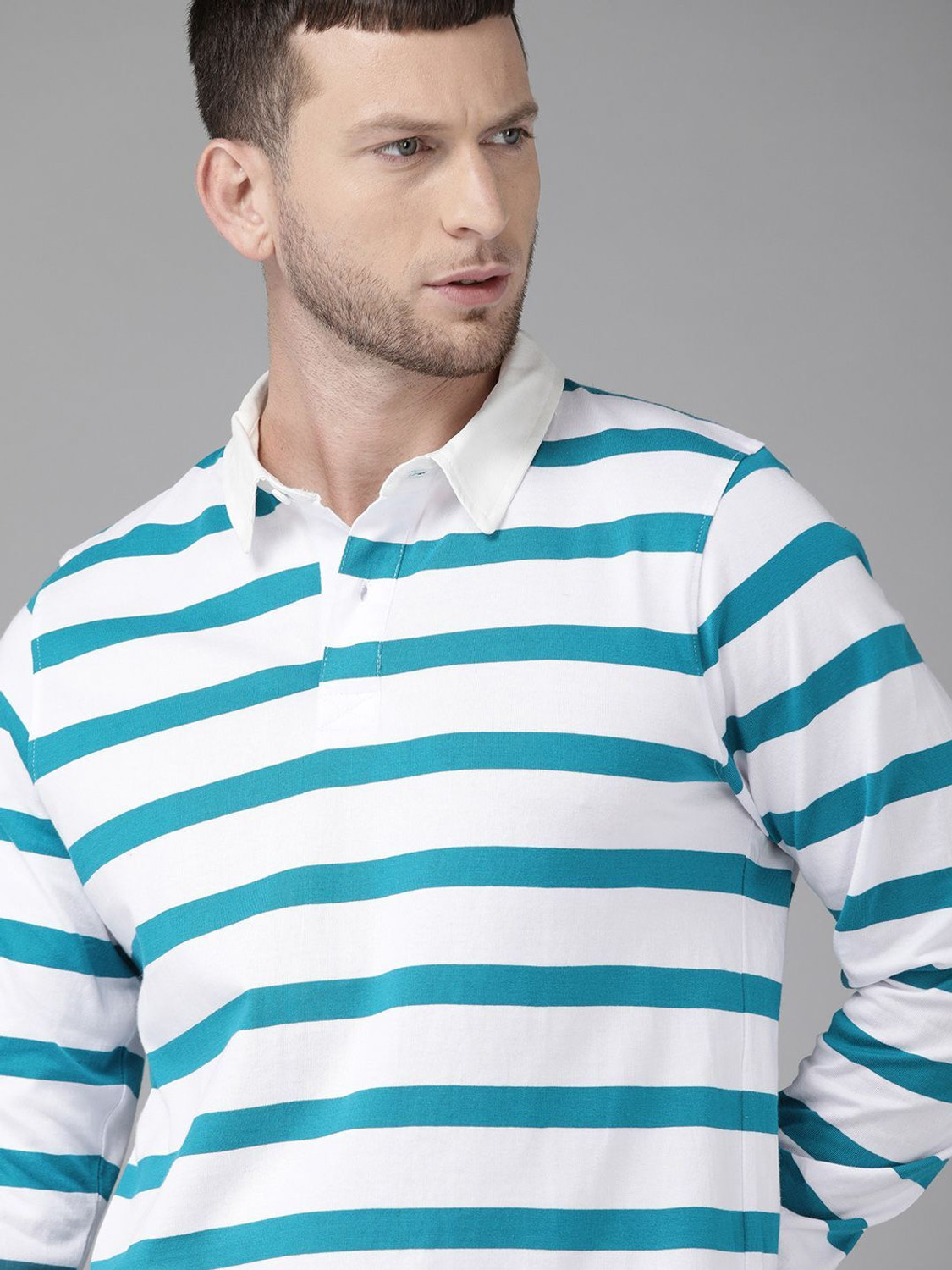 Image of Roadster Striped Men Polo Neck Blue T-Shirt