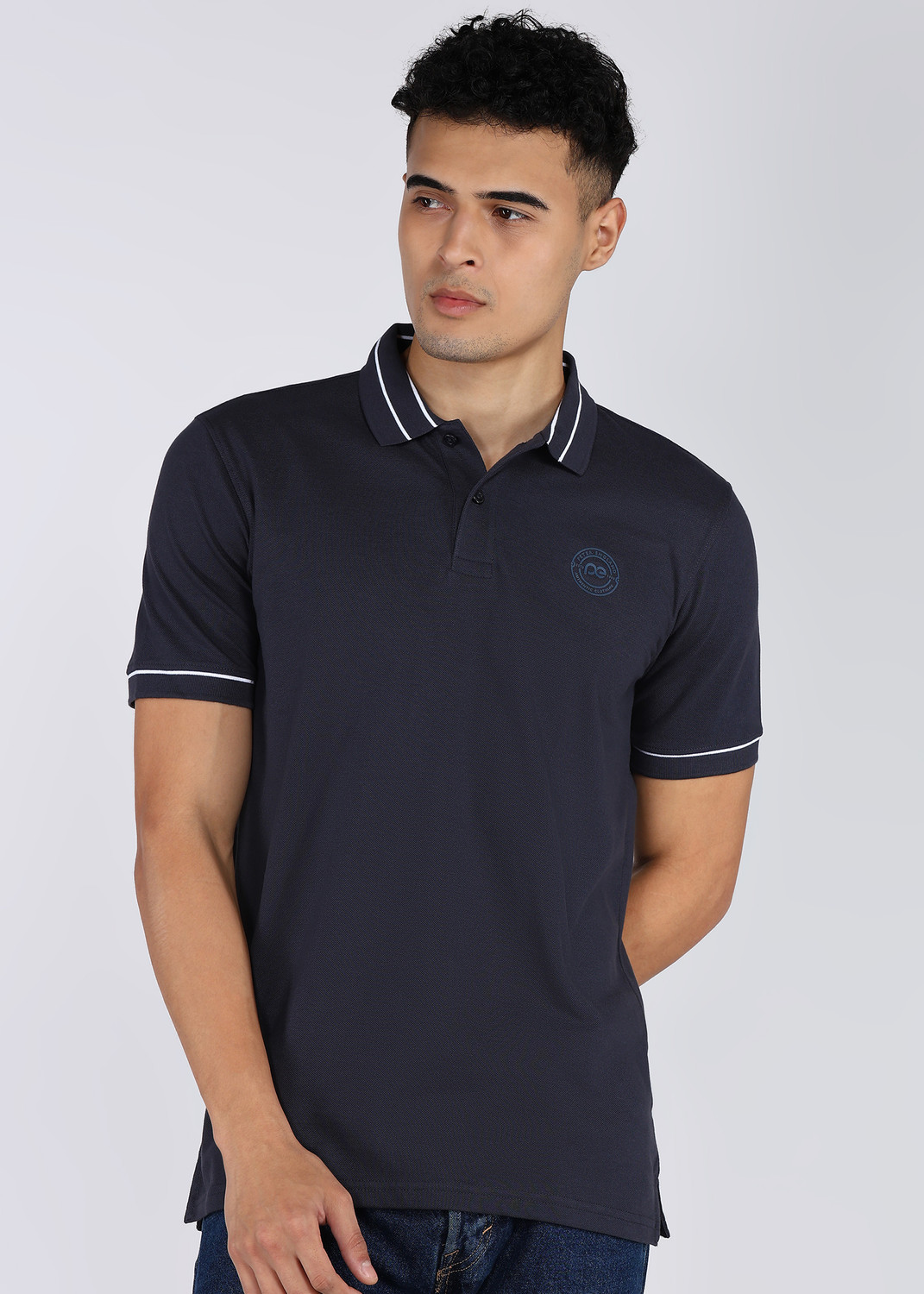 Image of PETER ENGLAND Solid Men Polo Neck Black T-Shirt