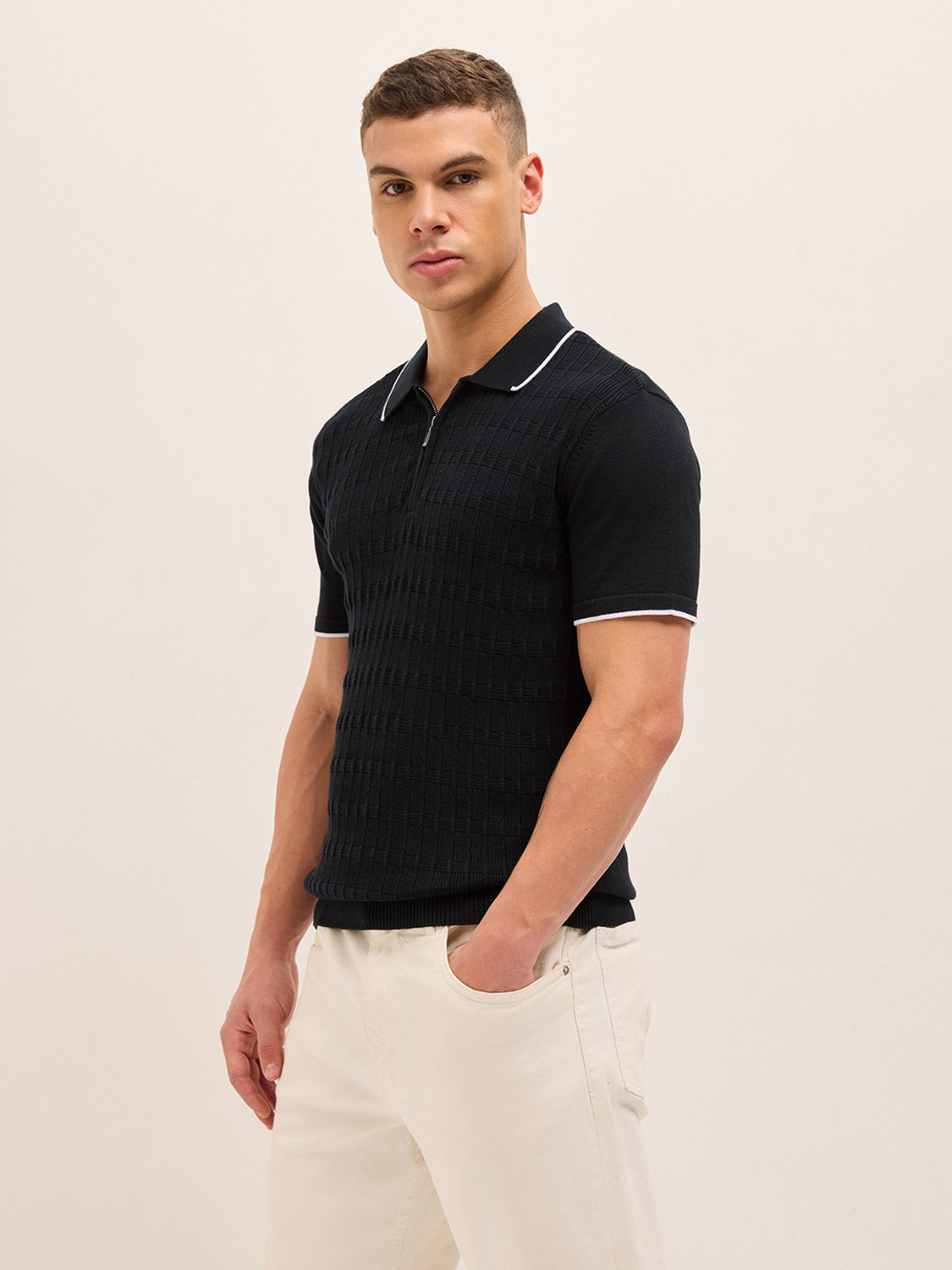 Image of THE BEAR HOUSE Self Design Men Polo Neck Black T-Shirt