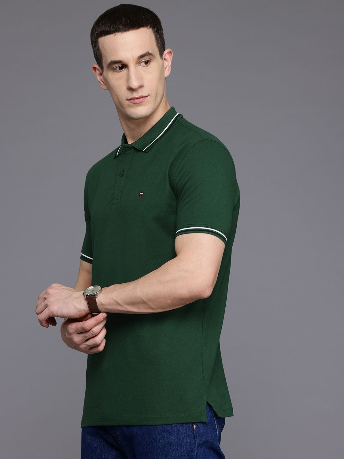 Image of Louis Philippe Sport Solid Men Polo Neck Dark Green T-Shirt