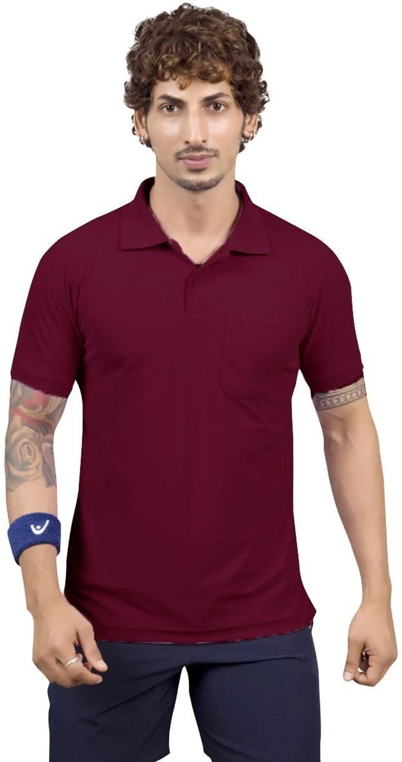 Image of M2HIT Solid Men Polo Neck Maroon T-Shirt