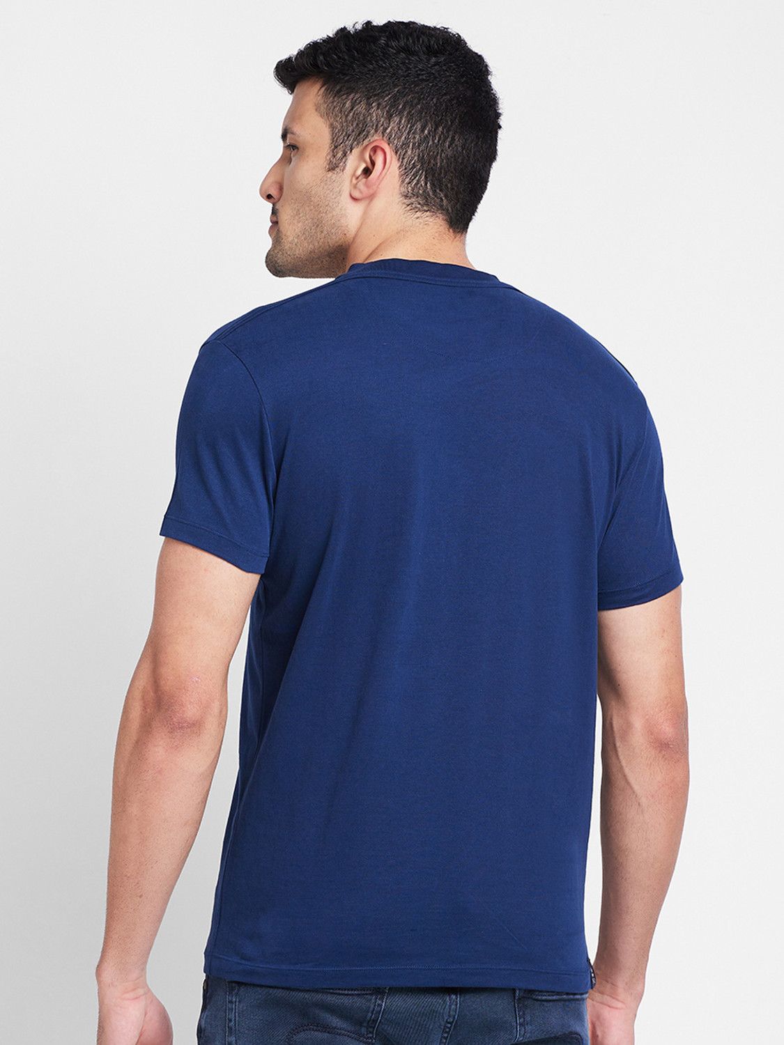 Image of BEING HUMAN Solid Men Round Neck Dark Blue T-Shirt