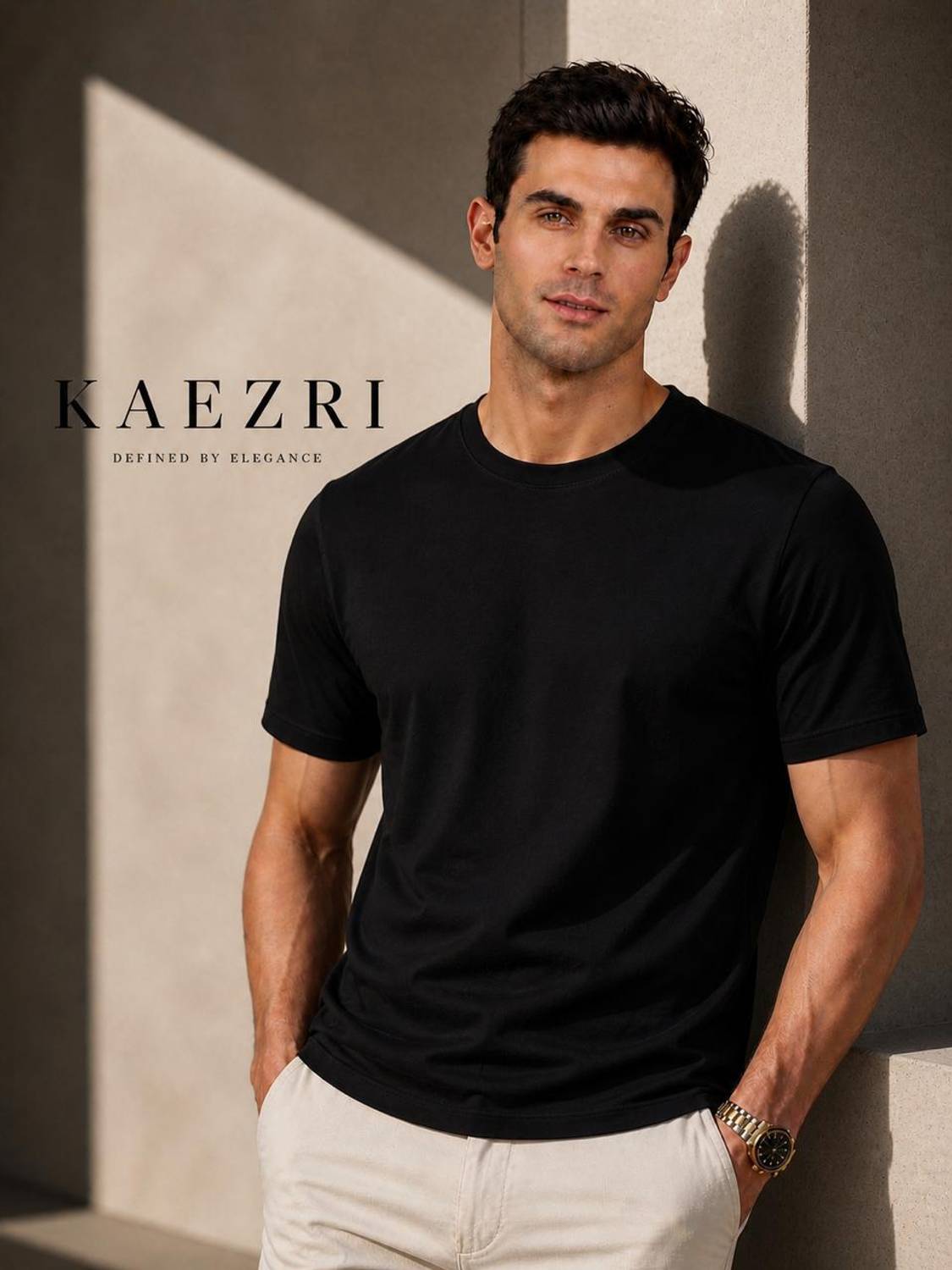 KAEZRI Men Solid Round Neck Pure Cotton Black T-Shirt