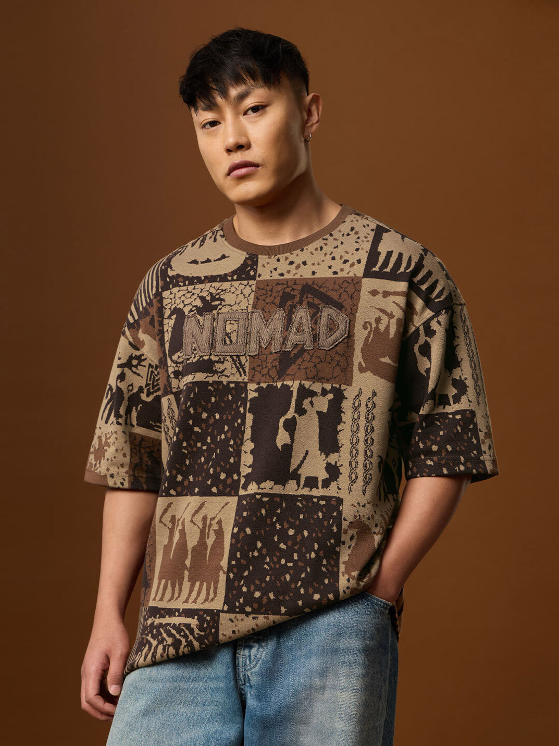 Image of The Souled Store Tribal Print Men Crew Neck Brown T-Shirt